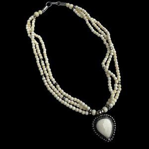 Vintage Beaded Multi-Strands Necklace Cream Colour Teardrop Pendant